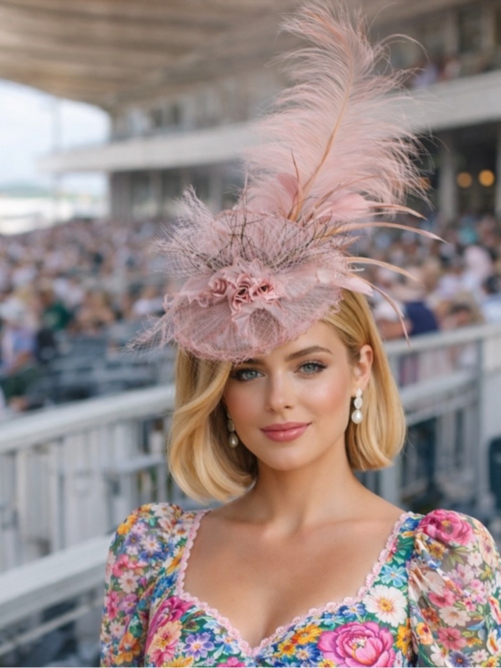 Kentucky Derby Hat Elegant pink Fascinator Floral Feather Accent Tea Party